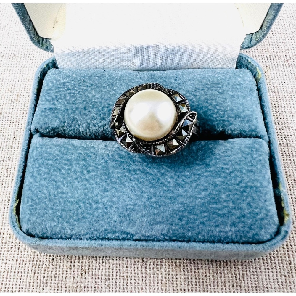 Vintage Sterling Silver Marcasite Faux Pearl Cocktail Statement Ring Size 7
